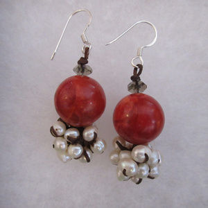 Red Coral and Pearls 925 Sterling Silver Earrings